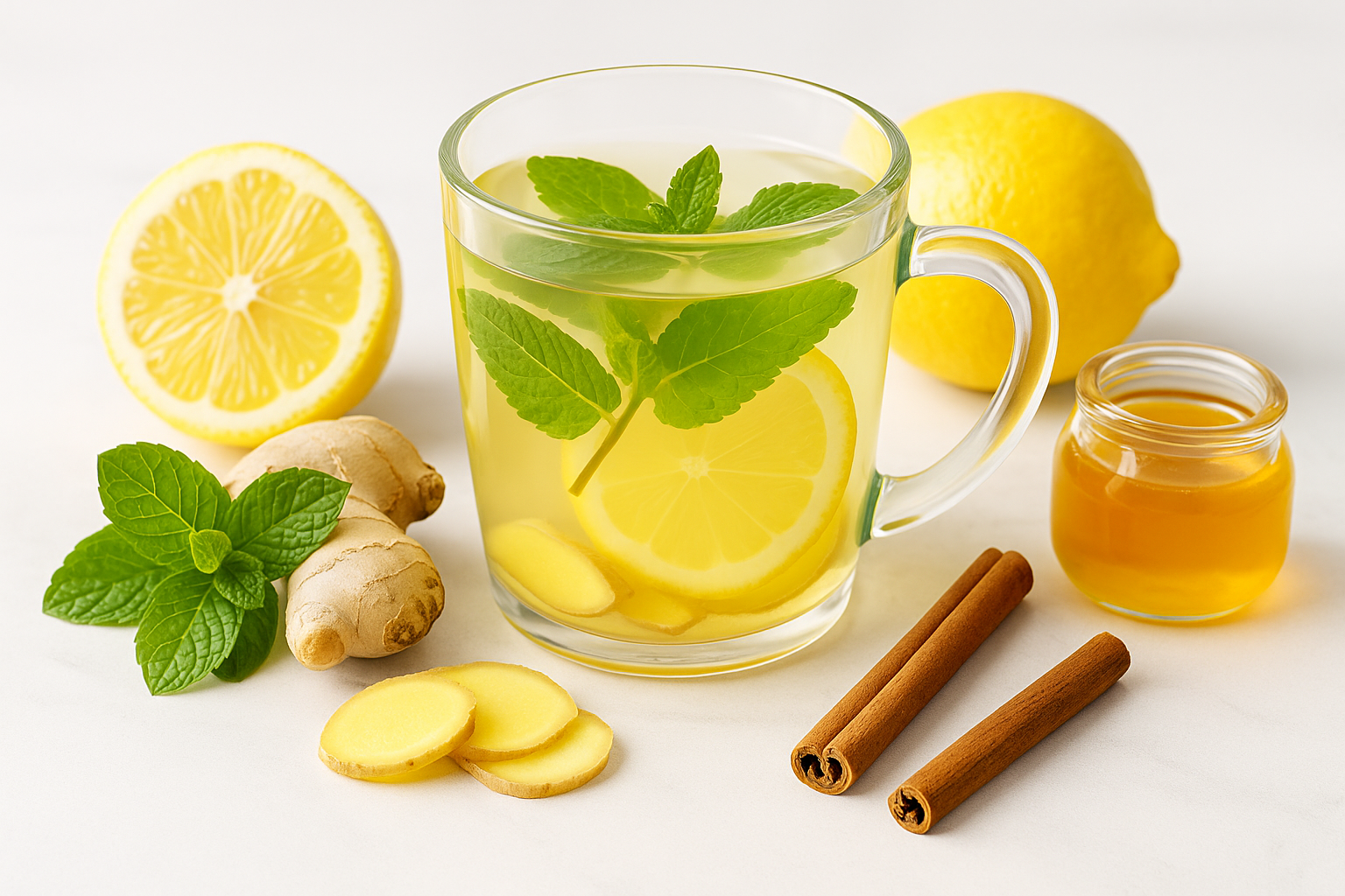 Boisson Détox Menthe, Gingembre, Citron, Miel, Canelle